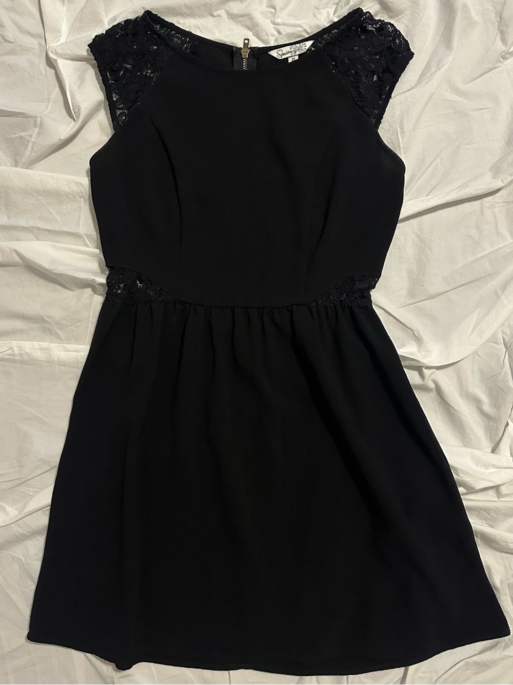 Speechless Black Lace Cap-Sleeve Mini Skater Dress